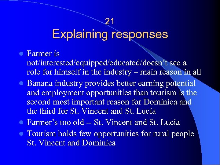 21 Explaining responses Farmer is not/interested/equipped/educated/doesn’t see a role for himself in the industry