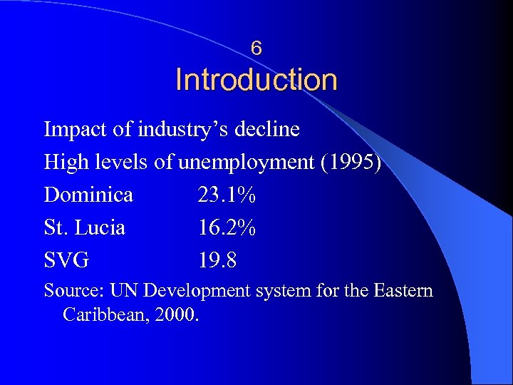 6 Introduction Impact of industry’s decline High levels of unemployment (1995) Dominica 23. 1%