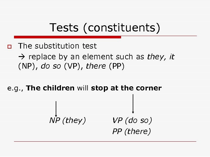 Tests (constituents) o The substitution test replace by an element such as they, it