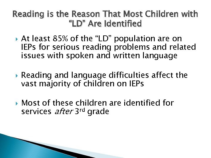 Reading is the Reason That Most Children with “LD” Are Identified At least 85%