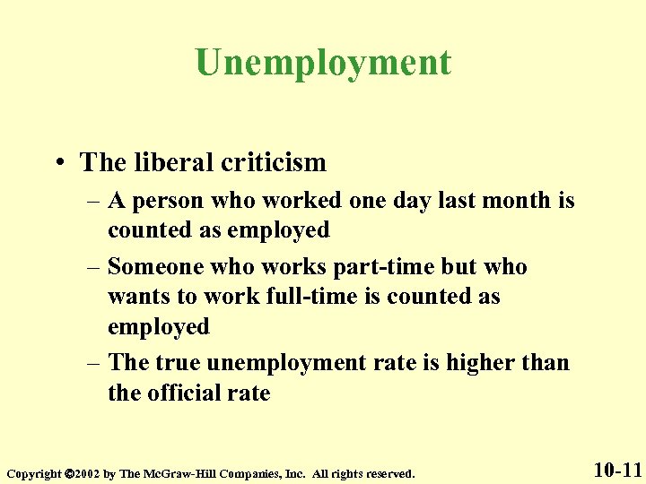 Unemployment • The liberal criticism – A person who worked one day last month