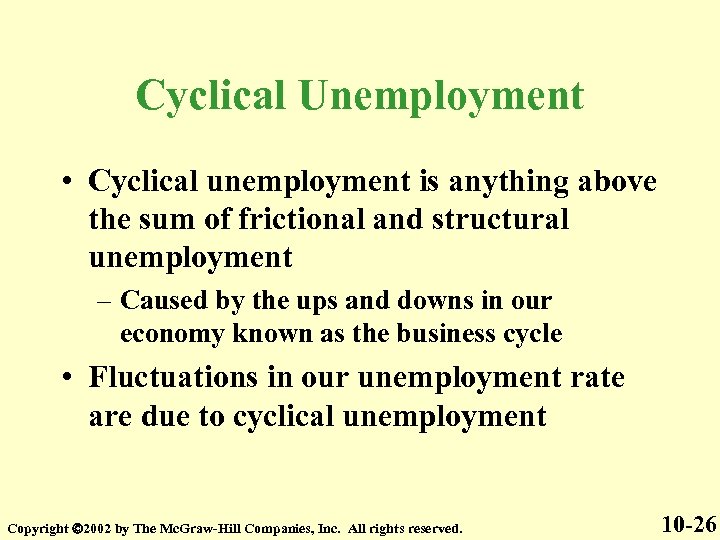 Cyclical Unemployment • Cyclical unemployment is anything above the sum of frictional and structural