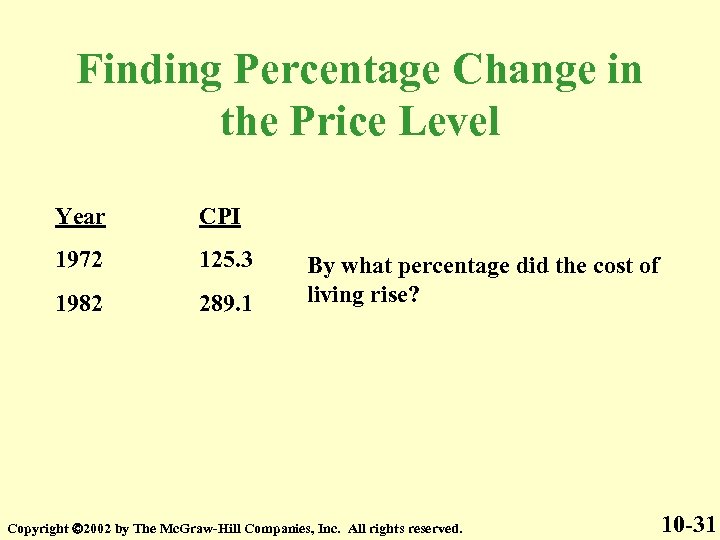 Finding Percentage Change in the Price Level Year CPI 1972 125. 3 1982 289.