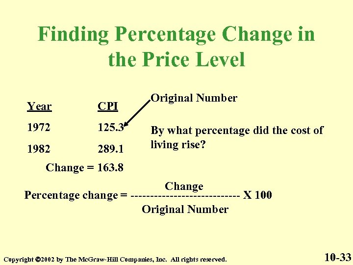 Finding Percentage Change in the Price Level Year CPI 1972 125. 3 1982 289.