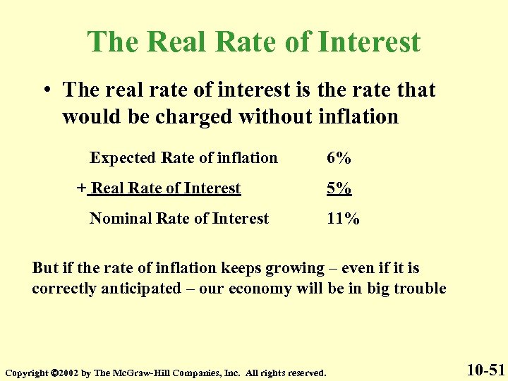 The Real Rate of Interest • The real rate of interest is the rate