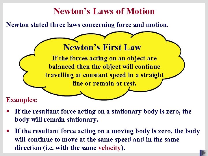 Newton’s Laws of Motion Newton stated three laws concerning force and motion. Newton’s First
