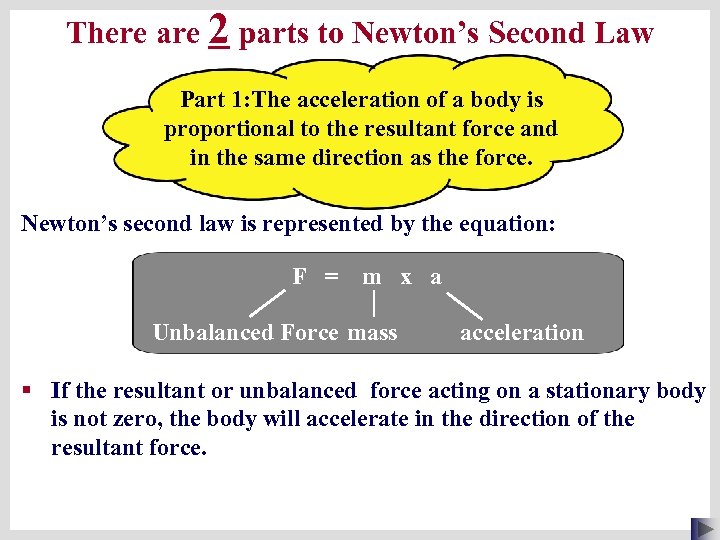There are 2 parts to Newton’s Second Law Part 1: The acceleration of a