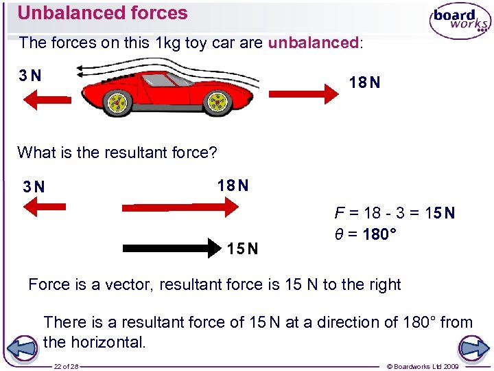 Unbalanced forces The forces on this 1 kg toy car are unbalanced: 3 N