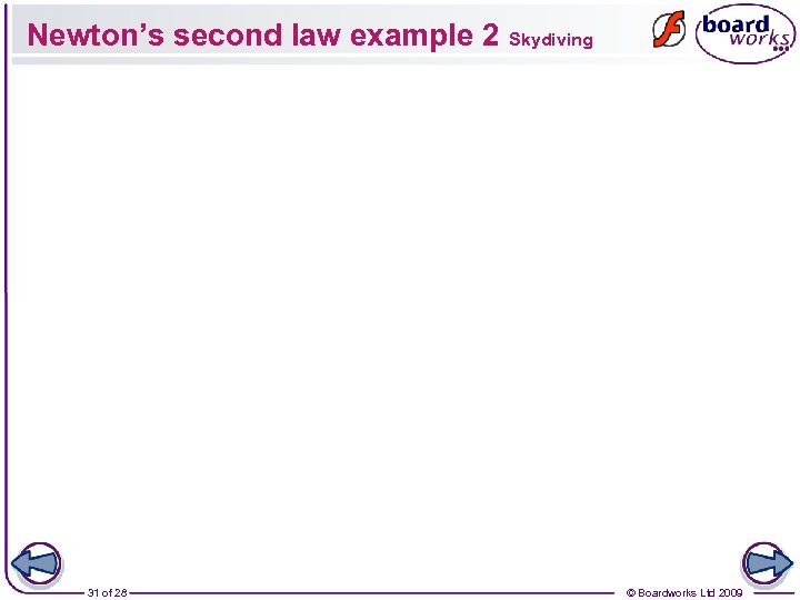 Newton’s second law example 2 Skydiving 31 of 28 © Boardworks Ltd 2009 
