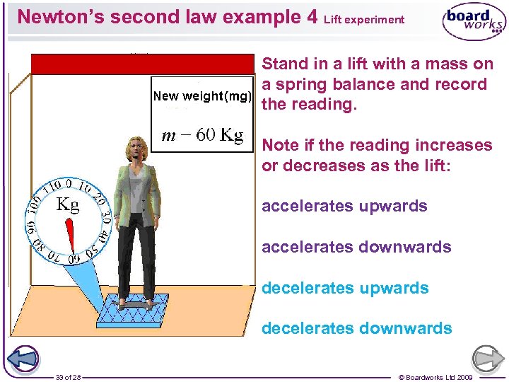 Newton’s second law example 4 Lift experiment Stand in a lift with a mass