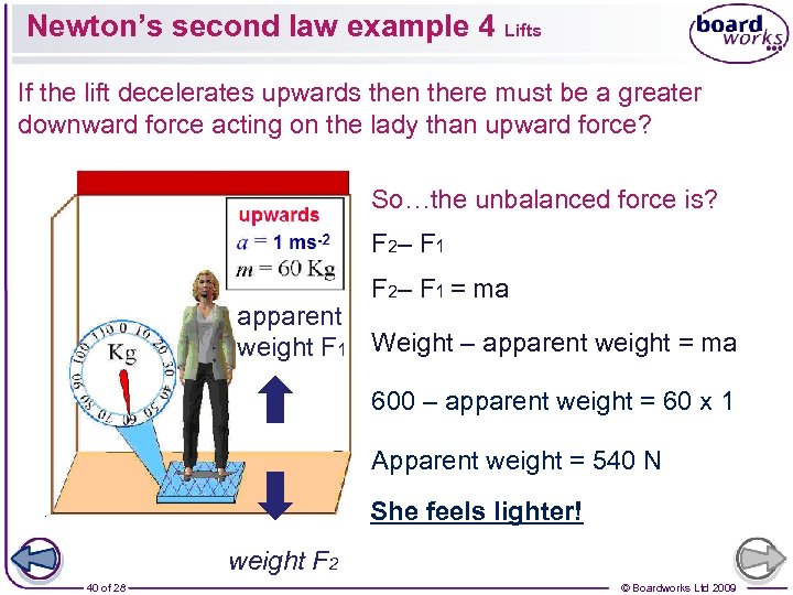 Newton’s second law example 4 Lifts If the lift decelerates upwards then there must