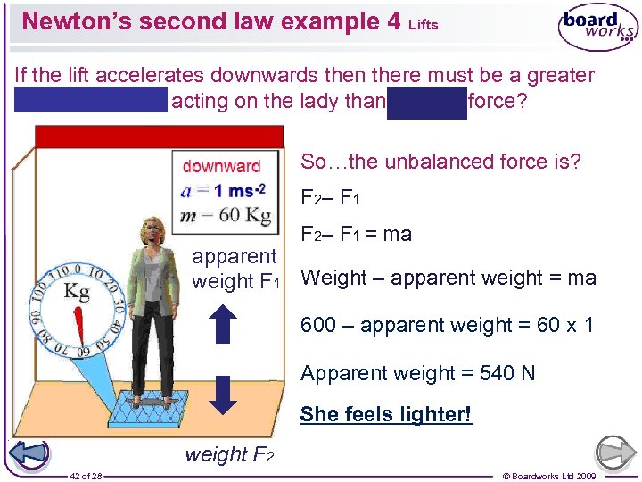 Newton’s second law example 4 Lifts If the lift accelerates downwards then there must