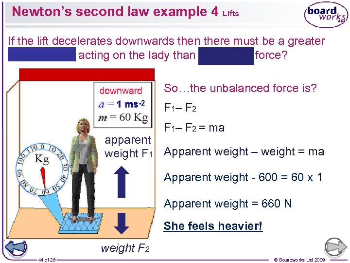 Newton’s second law example 4 Lifts If the lift decelerates downwards then there must