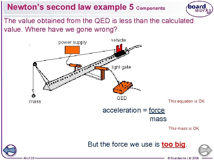 Newton’s second law example 5 Components The value obtained from the QED is less