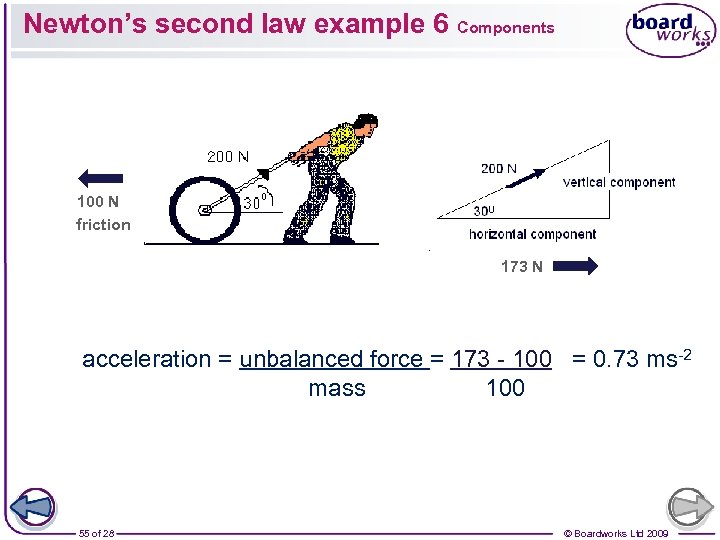 Newton’s second law example 6 Components 100 N friction 173 N acceleration = unbalanced
