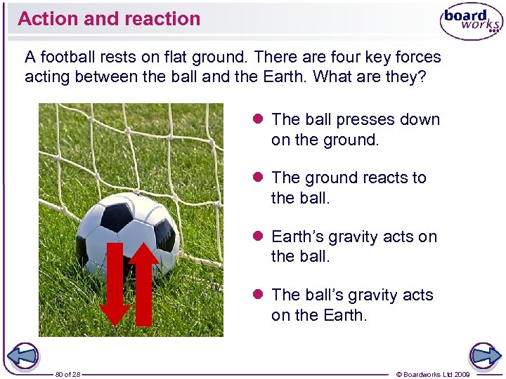 Action and reaction A football rests on flat ground. There are four key forces