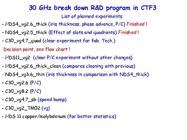30 GHz break down R&D program in CTF 3 List of planned experiments -