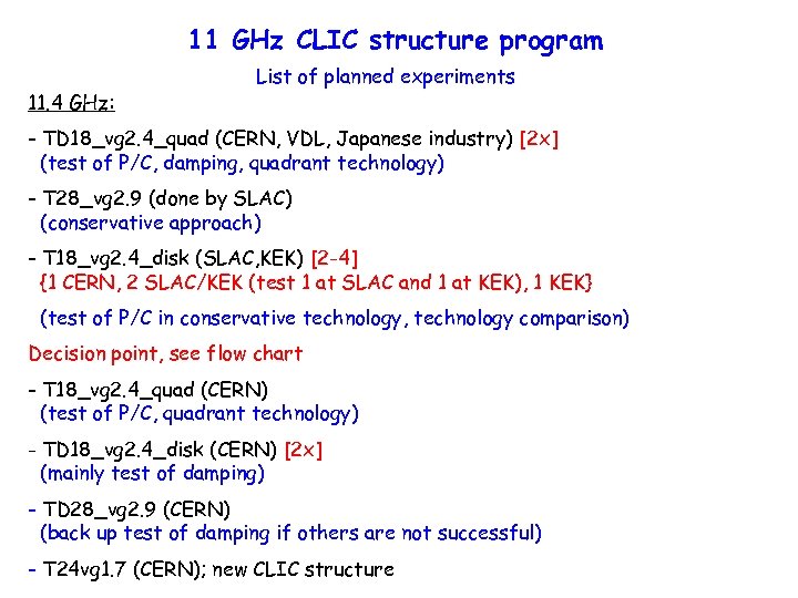 11 GHz CLIC structure program 11. 4 GHz: List of planned experiments - TD