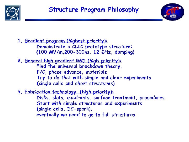 Structure Program Philosophy 1. Gradient program (highest priority): Demonstrate a CLIC prototype structure: (100