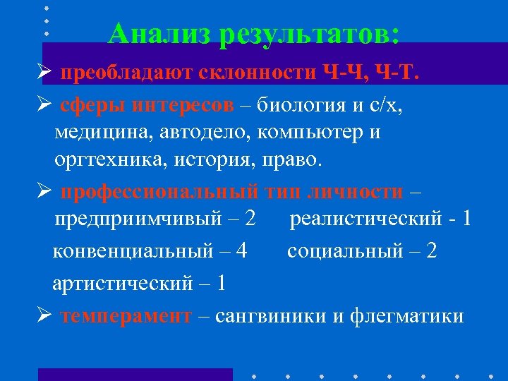 Анализ результатов: Ø преобладают склонности Ч-Ч, Ч-Т. Ø сферы интересов – биология и с/х,