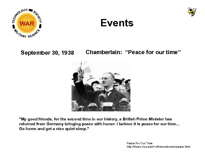 Events September 30, 1938 Chamberlain: “Peace for our time” 