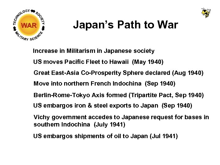 Japan’s Path to War Increase in Militarism in Japanese society US moves Pacific Fleet