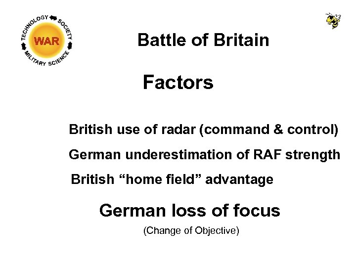 Battle of Britain Factors British use of radar (command & control) German underestimation of