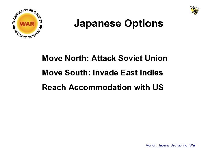 Japanese Options Move North: Attack Soviet Union Move South: Invade East Indies Reach Accommodation