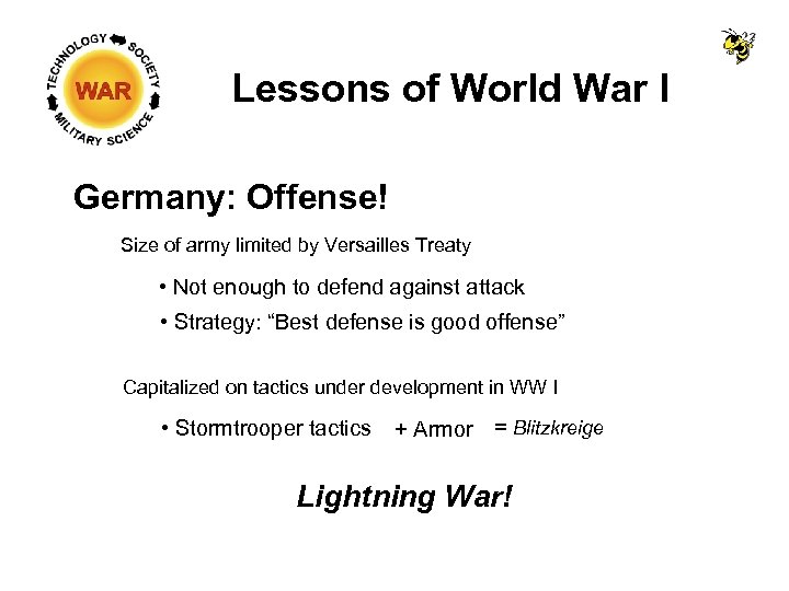 Lessons of World War I Germany: Offense! Size of army limited by Versailles Treaty