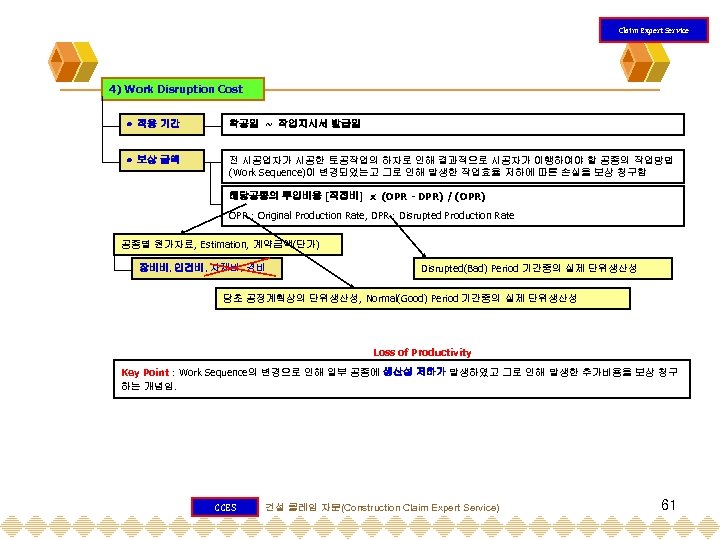 Claim Expert Service 4) Work Disruption Cost 적용 기간 착공일 ~ 작업지시서 발급일 보상