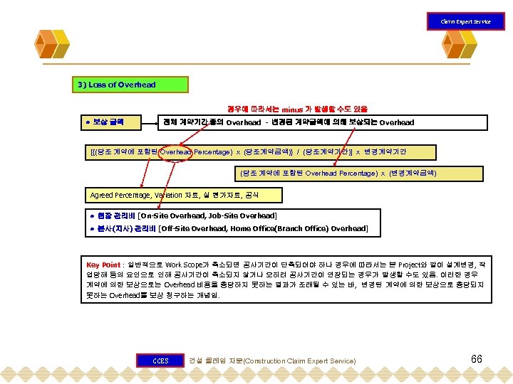 Claim Expert Service 3) Loss of Overhead 경우에 따라서는 minus 가 발생할 수도 있음