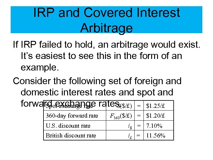 IRP and Covered Interest Arbitrage If IRP failed to hold, an arbitrage would exist.