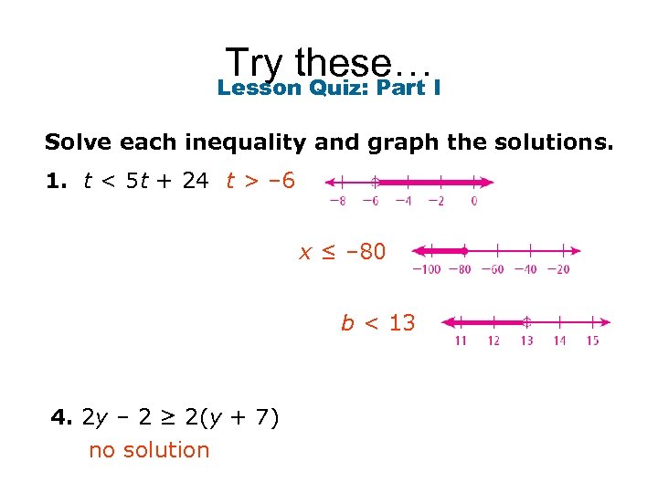 Try these…I Lesson Quiz: Part Solve each inequality and graph the solutions. 1. t