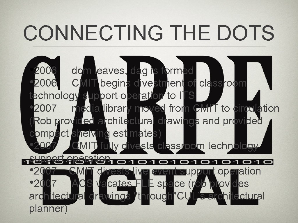 CONNECTING THE DOTS • 2006 dcm leaves, dag is formed • 2006 CMIT begins