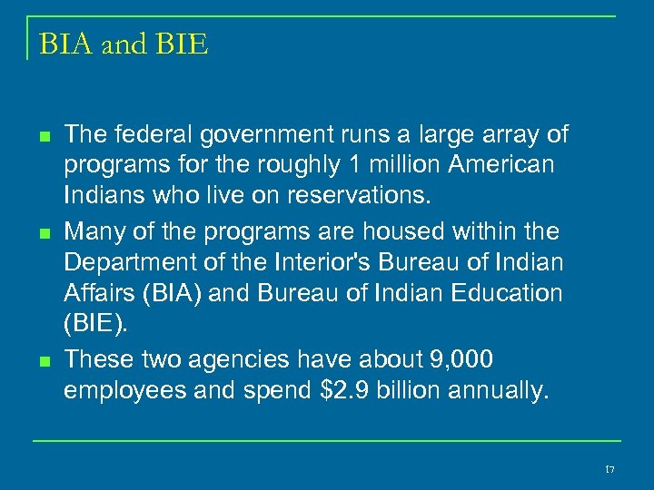 BIA and BIE n n n The federal government runs a large array of