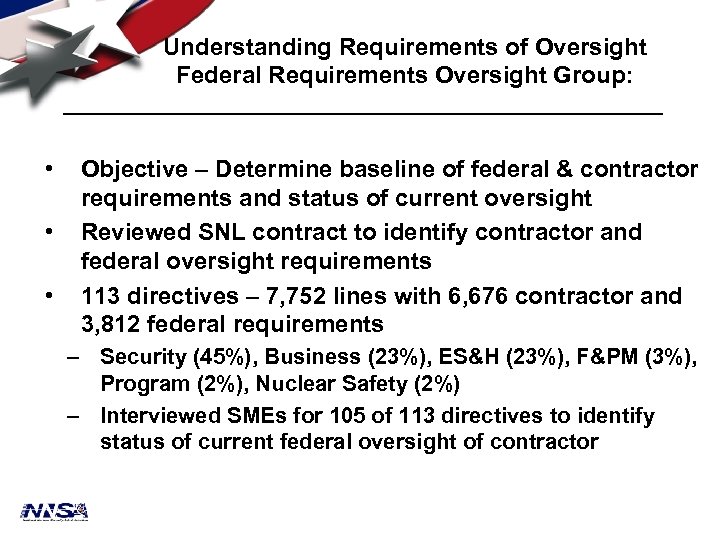 Understanding Requirements of Oversight Federal Requirements Oversight Group: • • • Objective – Determine