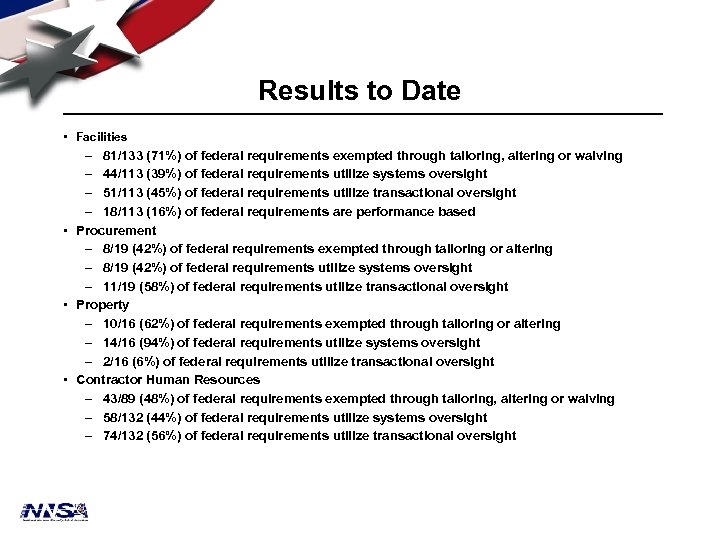 Results to Date • Facilities – 81/133 (71%) of federal requirements exempted through tailoring,