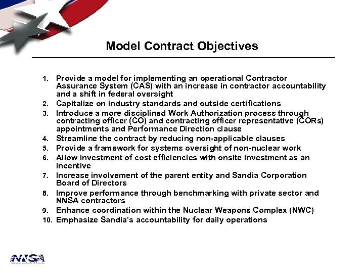 Model Contract Objectives 1. 2. 3. 4. 5. 6. 7. 8. 9. 10. Provide