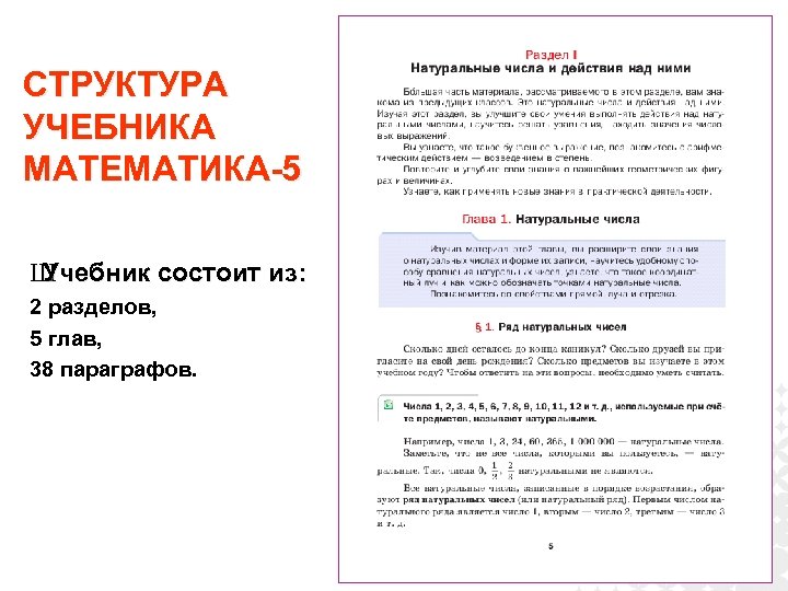 СТРУКТУРА УЧЕБНИКА МАТЕМАТИКА-5 Ш Учебник состоит из: 2 разделов, 5 глав, 38 параграфов. 