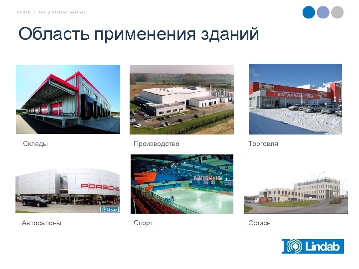 Область применения зданий Склады Производство Торговля Автосалоны Спорт Офисы 