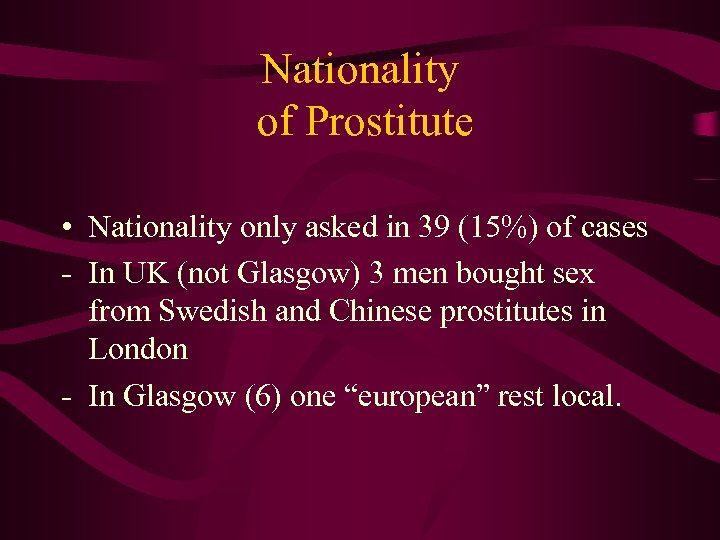 Nationality of Prostitute • Nationality only asked in 39 (15%) of cases - In