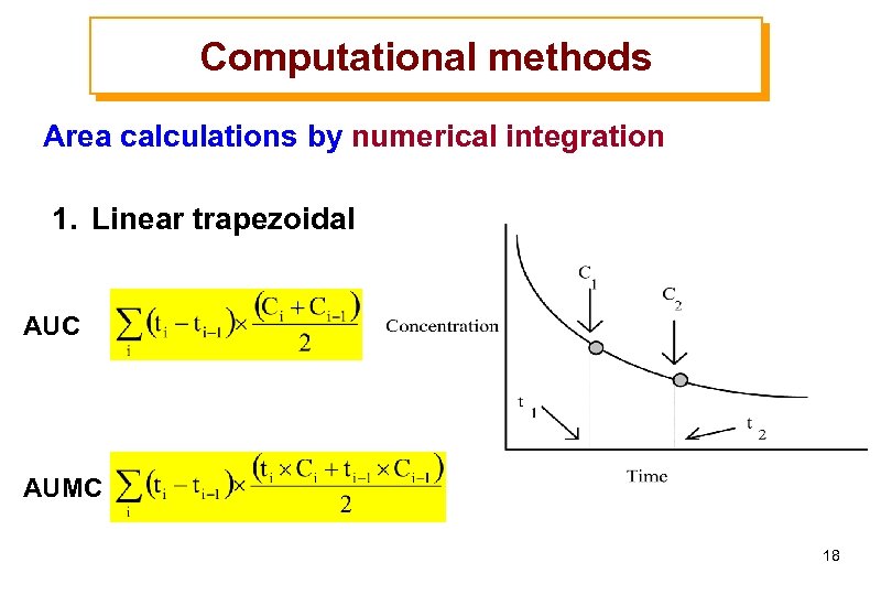 Computational methods Area calculations by numerical integration 1. Linear trapezoidal AUC AUMC 18 