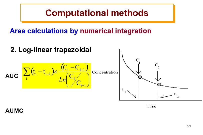 Computational methods Area calculations by numerical integration 2. Log-linear trapezoidal AUC AUMC 21 