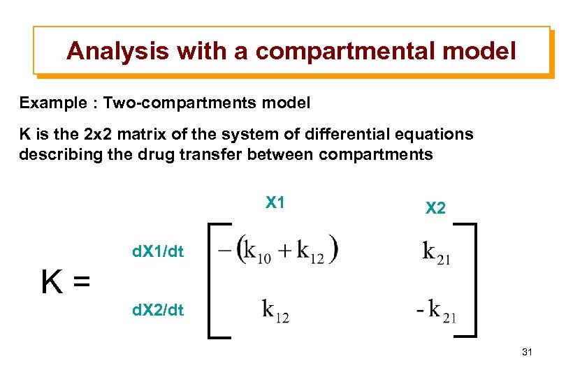 Analysis with a compartmental model Example : Two-compartments model K is the 2 x