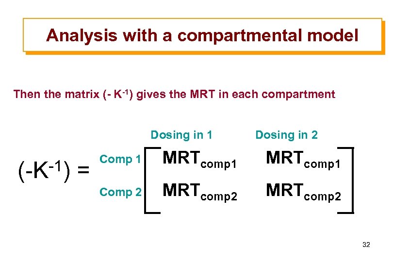 Analysis with a compartmental model Then the matrix (- K-1) gives the MRT in