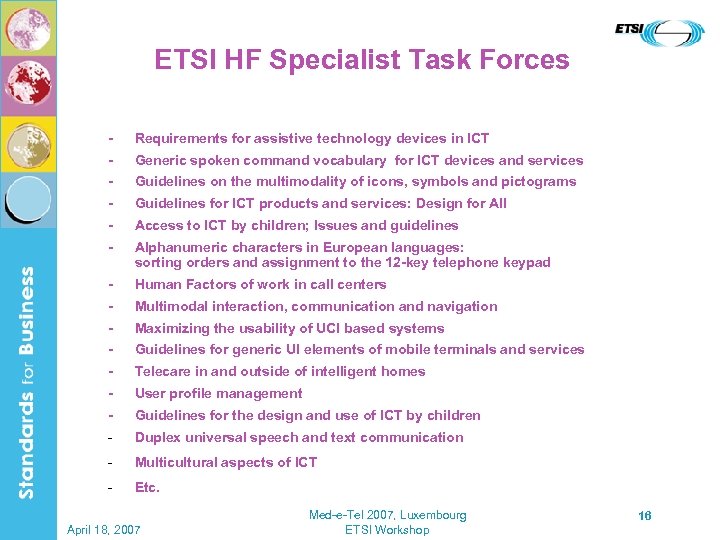 ETSI HF Specialist Task Forces - Requirements for assistive technology devices in ICT -