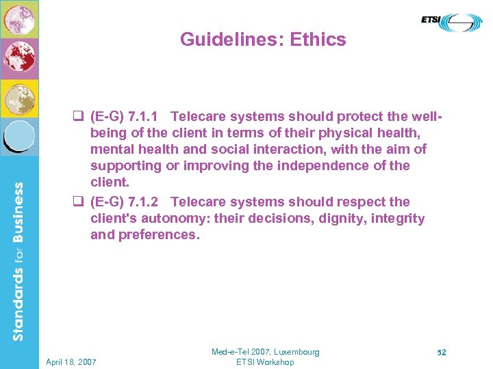 Guidelines: Ethics q (E-G) 7. 1. 1 Telecare systems should protect the wellbeing of