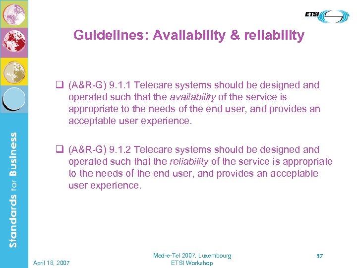 Guidelines: Availability & reliability q (A&R-G) 9. 1. 1 Telecare systems should be designed