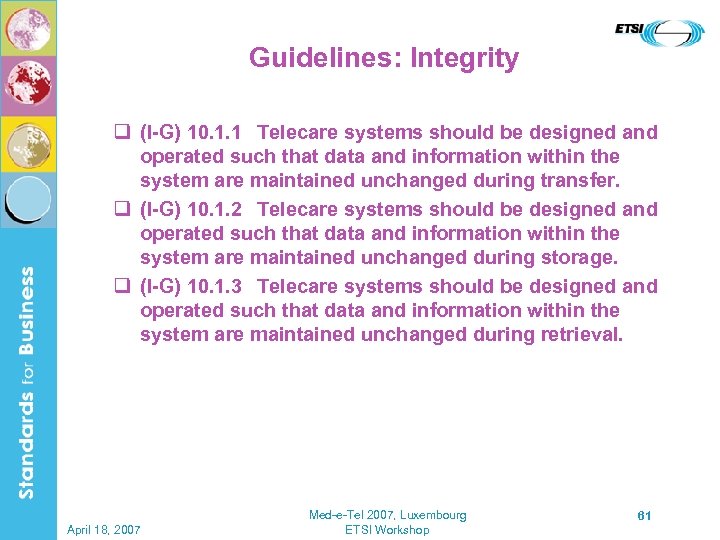 Guidelines: Integrity q (I-G) 10. 1. 1 Telecare systems should be designed and operated