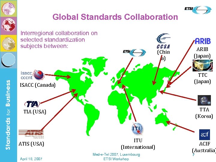 Global Standards Collaboration Interregional collaboration on selected standardization subjects between: (Chin a) ARIB (Japan)